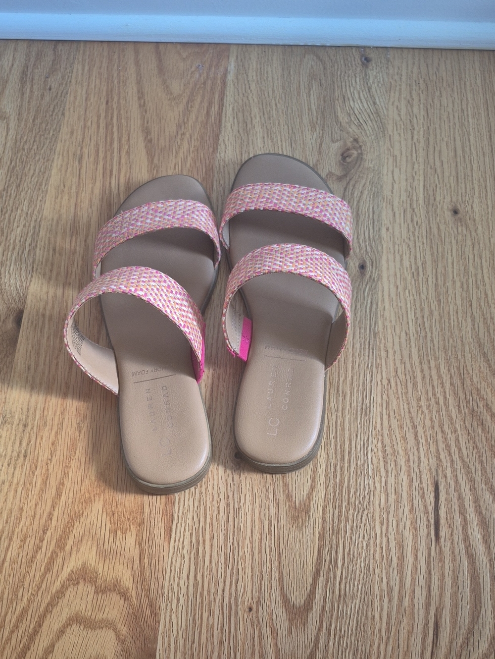 LC Lauren Conrad Pink Woven Double-Strap Slide Sandals with Tan Sole